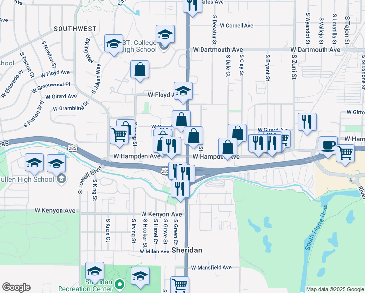 map of restaurants, bars, coffee shops, grocery stores, and more near 3475 S Federal Blvd in Englewood