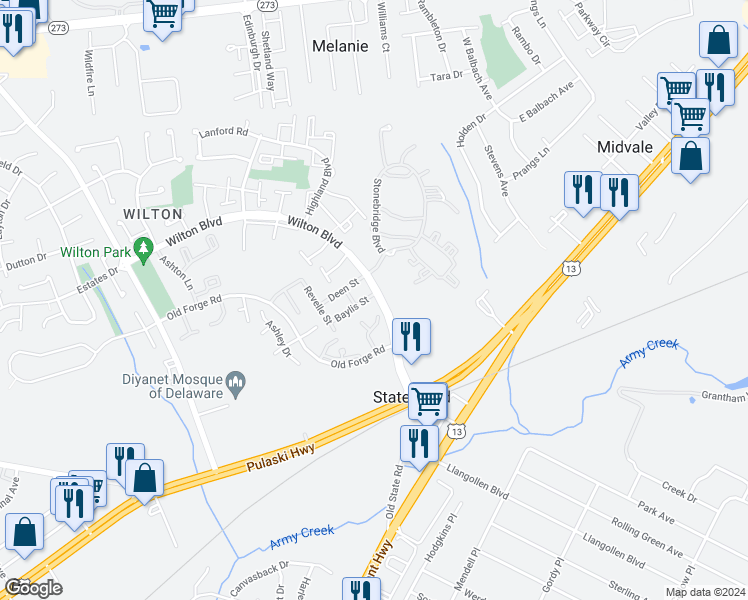 map of restaurants, bars, coffee shops, grocery stores, and more near 35 Baylis Street in New Castle