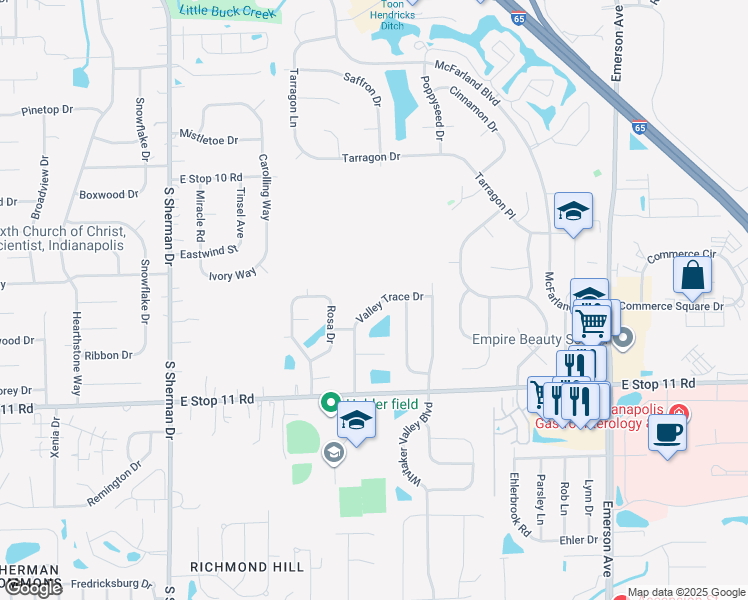 map of restaurants, bars, coffee shops, grocery stores, and more near 4416 Valley Trace Drive in Indianapolis