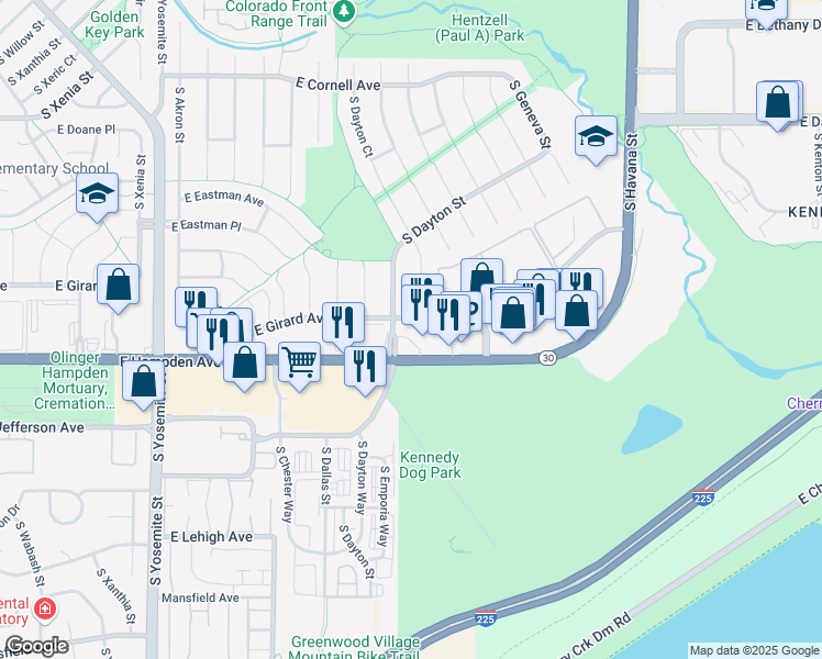 map of restaurants, bars, coffee shops, grocery stores, and more near 9725 East Hampden Avenue in Denver