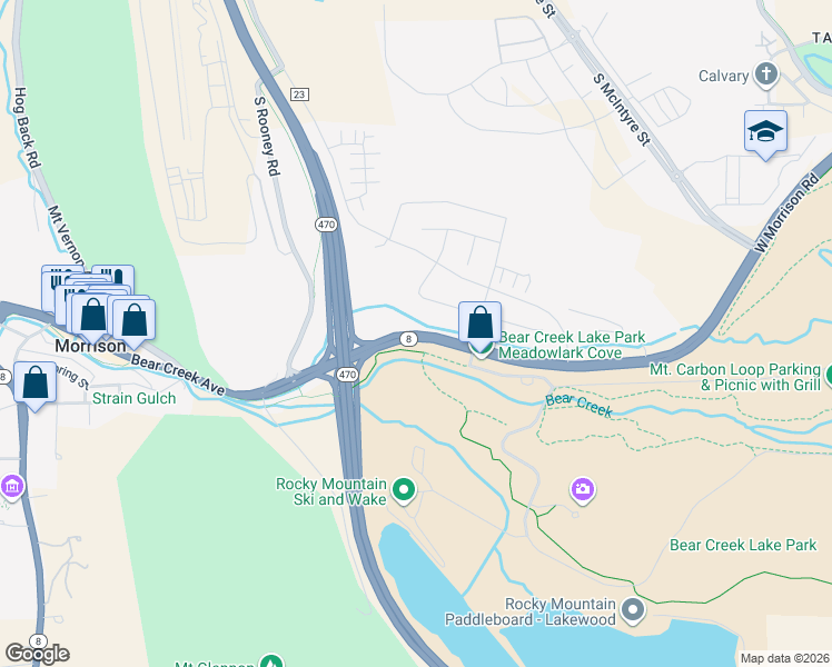 map of restaurants, bars, coffee shops, grocery stores, and more near 15853 West Morrison Road in Denver