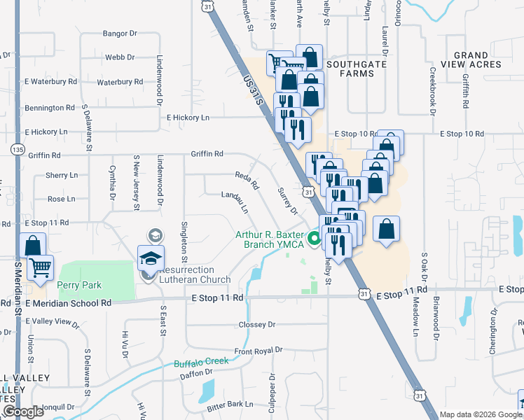 map of restaurants, bars, coffee shops, grocery stores, and more near 849 Reda Rd in Indianapolis
