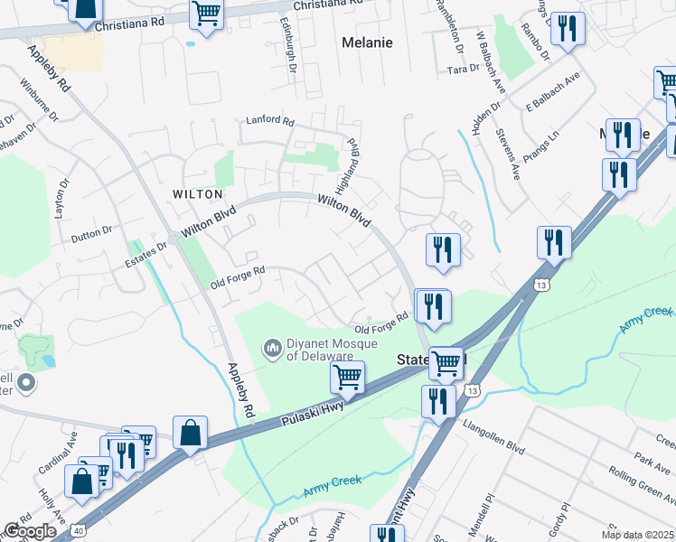 map of restaurants, bars, coffee shops, grocery stores, and more near 13 Revelle Street in New Castle