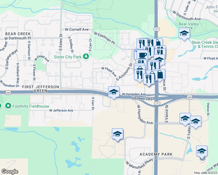 map of restaurants, bars, coffee shops, grocery stores, and more near 3461 South Ammons Street in Lakewood