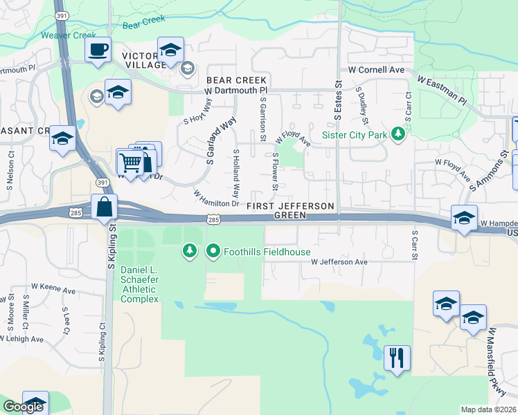 map of restaurants, bars, coffee shops, grocery stores, and more near 10 West Hamilton Drive in Lakewood