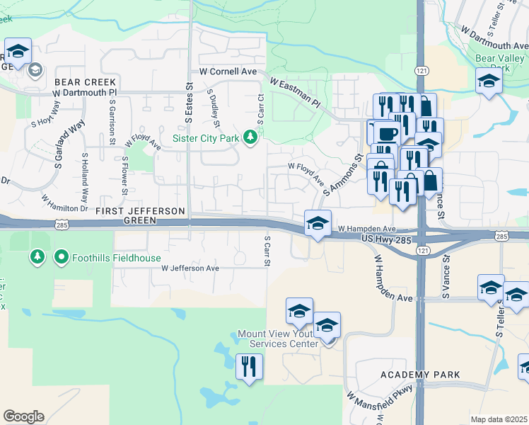map of restaurants, bars, coffee shops, grocery stores, and more near 8439 West Hampden Avenue in Lakewood