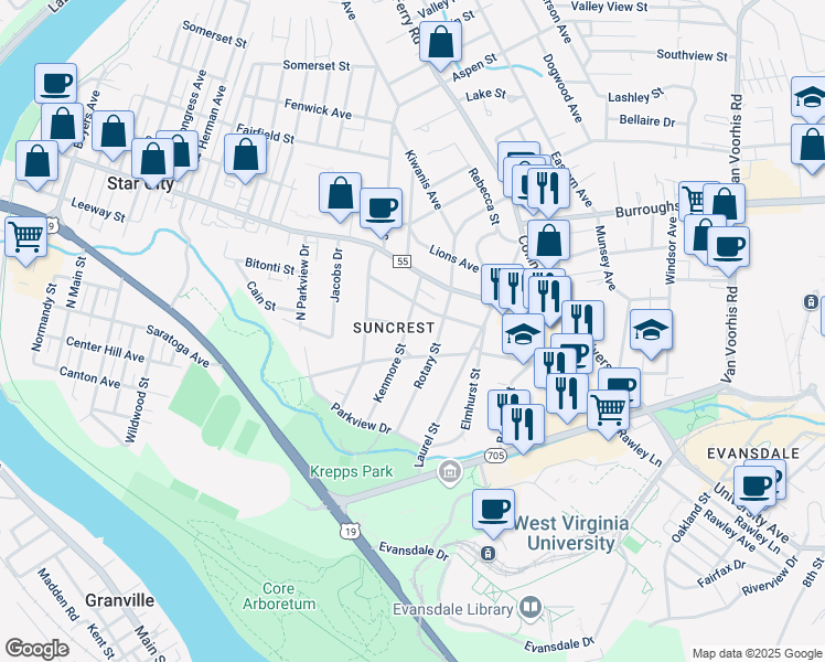 map of restaurants, bars, coffee shops, grocery stores, and more near 372 Kenmore Street in Morgantown