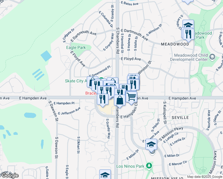 map of restaurants, bars, coffee shops, grocery stores, and more near 3451 S Chambers Rd in Aurora