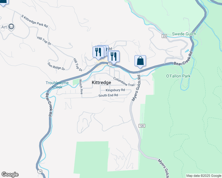 map of restaurants, bars, coffee shops, grocery stores, and more near 26209 Kingsbury Road in Kittredge