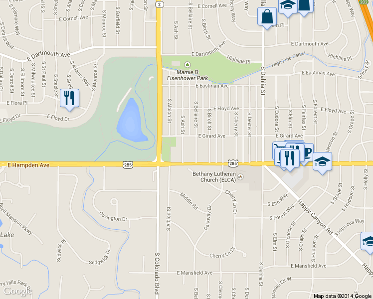 map of restaurants, bars, coffee shops, grocery stores, and more near 3440 South Ash Street in Denver