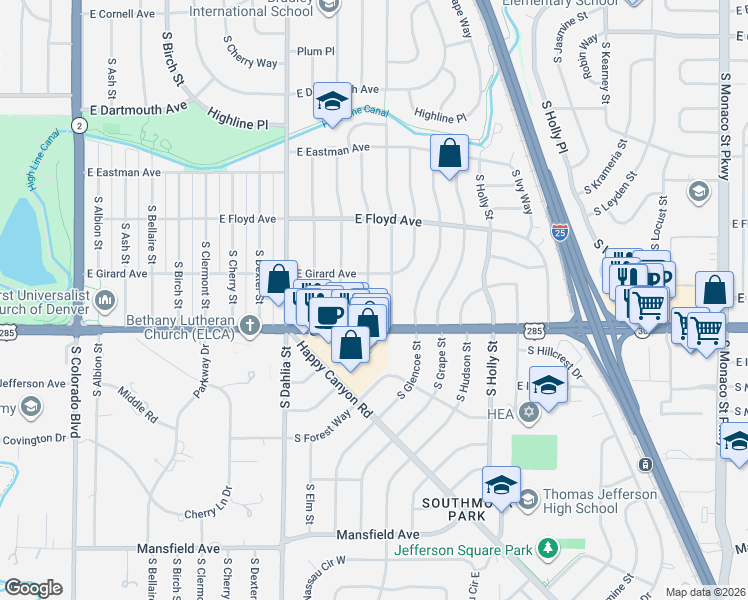 map of restaurants, bars, coffee shops, grocery stores, and more near 3452 South Fairfax Street in Denver