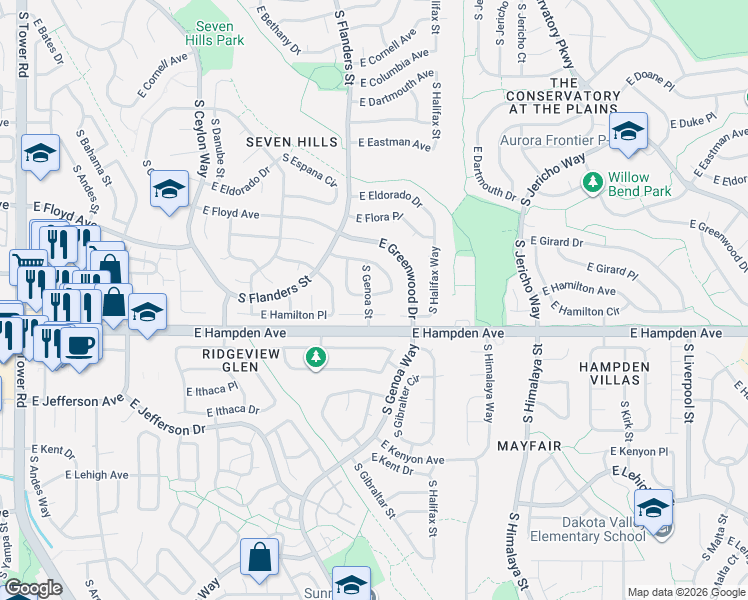 map of restaurants, bars, coffee shops, grocery stores, and more near 19838 East Girard Drive in Aurora