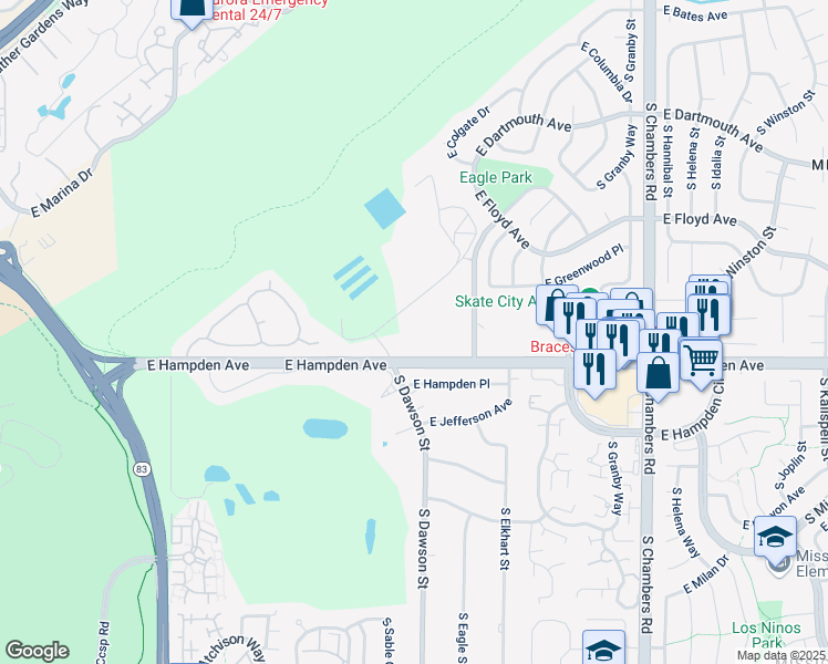 map of restaurants, bars, coffee shops, grocery stores, and more near 14555 East Hampden Avenue in Aurora