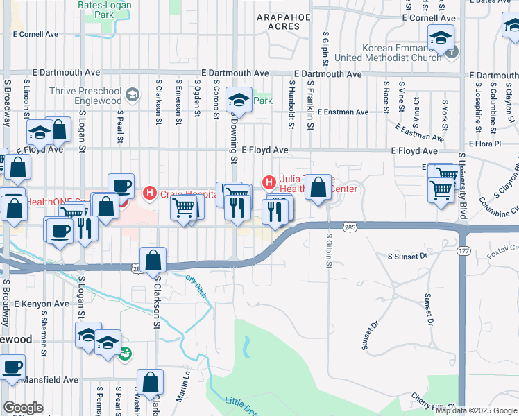 map of restaurants, bars, coffee shops, grocery stores, and more near 3451 South Lafayette Street in Englewood