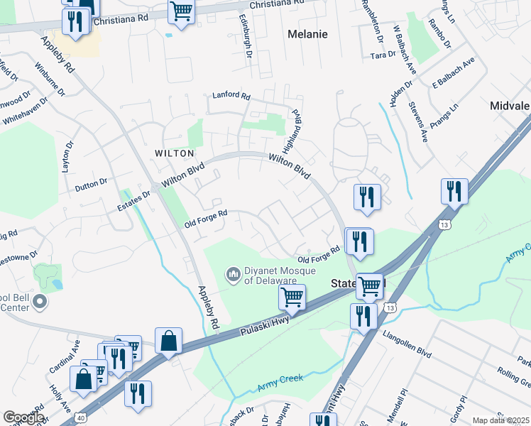 map of restaurants, bars, coffee shops, grocery stores, and more near 1 Vane Court in New Castle