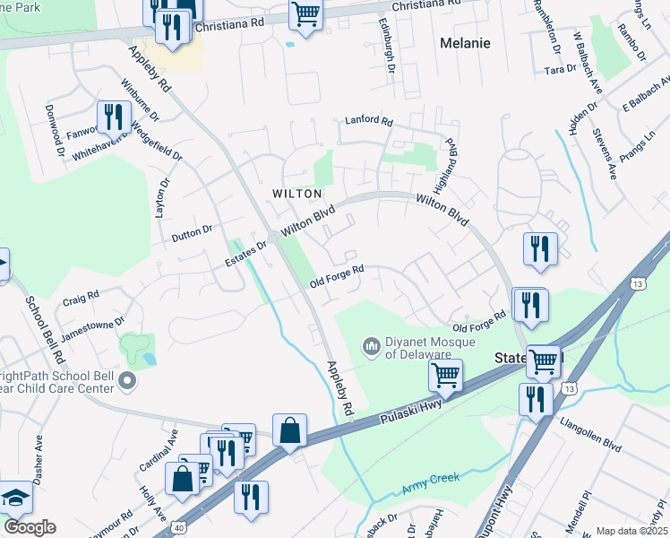 map of restaurants, bars, coffee shops, grocery stores, and more near 535 Ashton Lane in New Castle