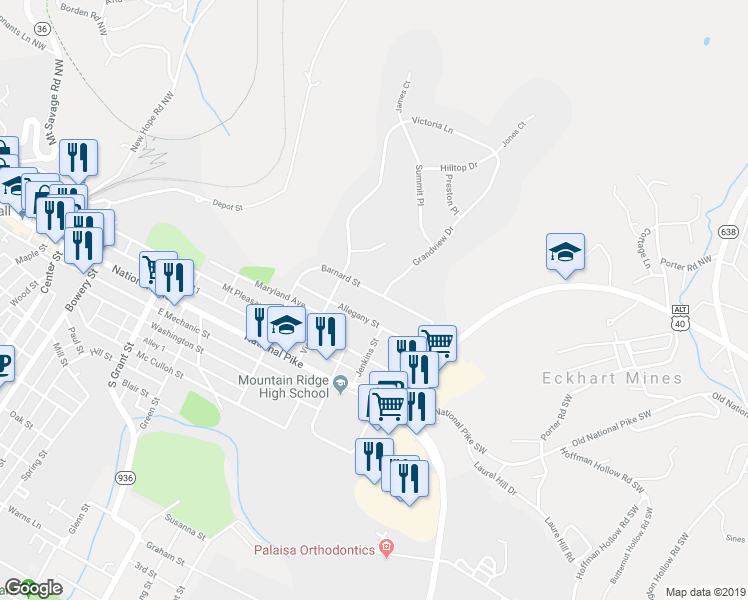 map of restaurants, bars, coffee shops, grocery stores, and more near 321 Barnard Street in Frostburg