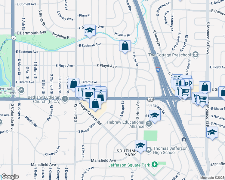 map of restaurants, bars, coffee shops, grocery stores, and more near 3453 South Glencoe Street in Denver