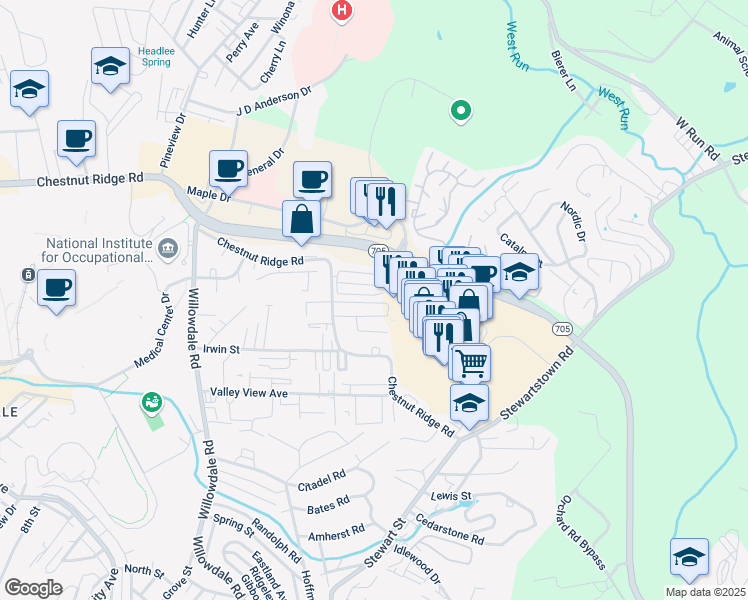map of restaurants, bars, coffee shops, grocery stores, and more near 123 Meadow Ridge Drive in Morgantown