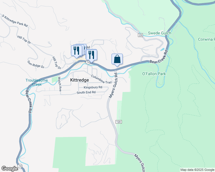 map of restaurants, bars, coffee shops, grocery stores, and more near 26089 Kingsbury Road in Kittredge