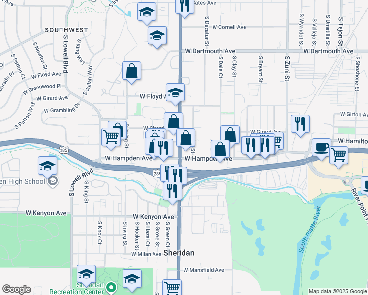 map of restaurants, bars, coffee shops, grocery stores, and more near 3475 South Federal Boulevard in Englewood