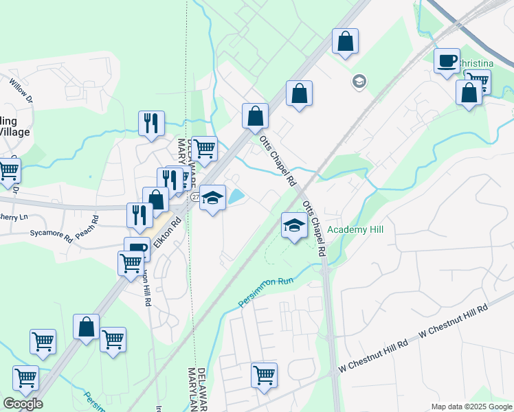 map of restaurants, bars, coffee shops, grocery stores, and more near 511 South Twin Lakes Boulevard in Newark