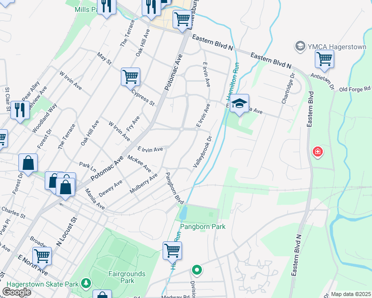 map of restaurants, bars, coffee shops, grocery stores, and more near 1045 View Street in Hagerstown