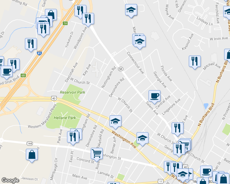 map of restaurants, bars, coffee shops, grocery stores, and more near 308 Devonshire Rd in Hagerstown