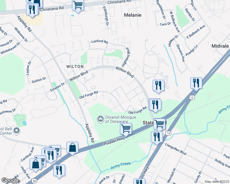 map of restaurants, bars, coffee shops, grocery stores, and more near 1 Vane Court in New Castle