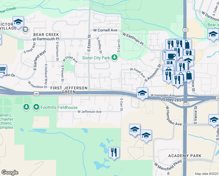 map of restaurants, bars, coffee shops, grocery stores, and more near 8567 West Hampden Avenue in Denver