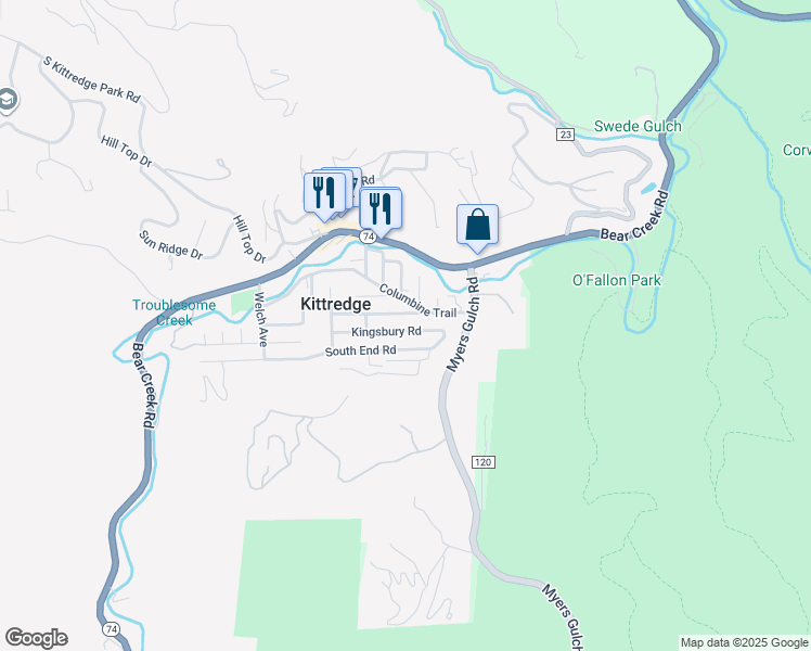 map of restaurants, bars, coffee shops, grocery stores, and more near 26155 Kingsbury Road in Kittredge