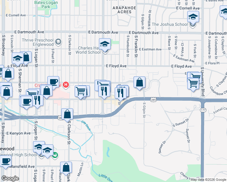 map of restaurants, bars, coffee shops, grocery stores, and more near 3444 South Marion Street in Englewood