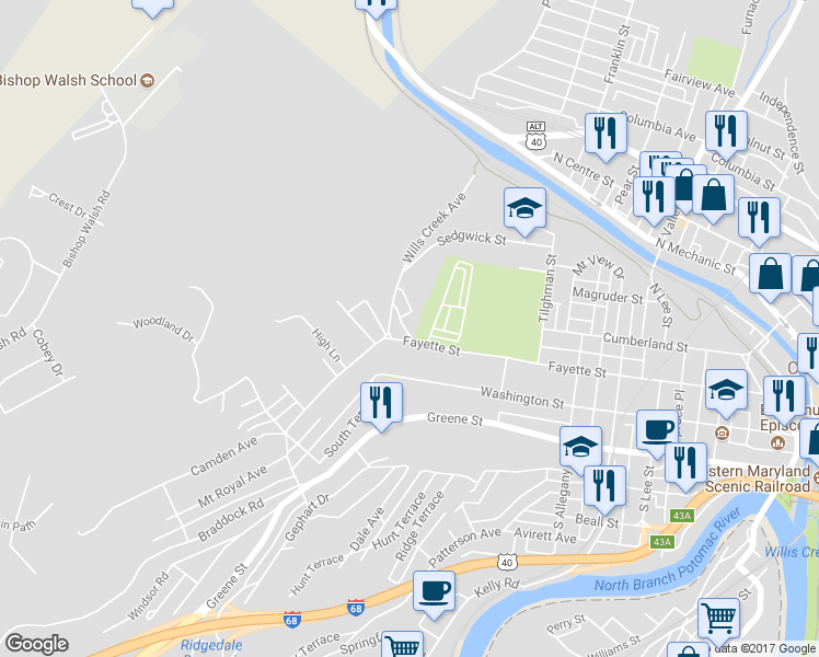 map of restaurants, bars, coffee shops, grocery stores, and more near 103 Wills Creek Avenue in Cumberland