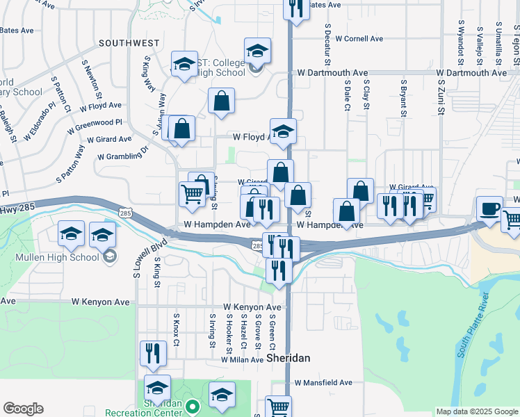 map of restaurants, bars, coffee shops, grocery stores, and more near 3121 West Hampden Avenue in Englewood