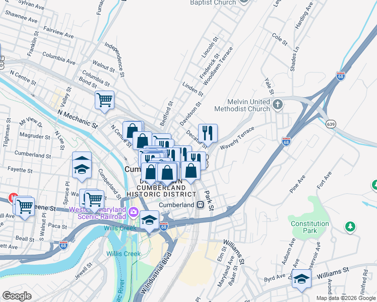 map of restaurants, bars, coffee shops, grocery stores, and more near 55 Henderson Avenue in Cumberland