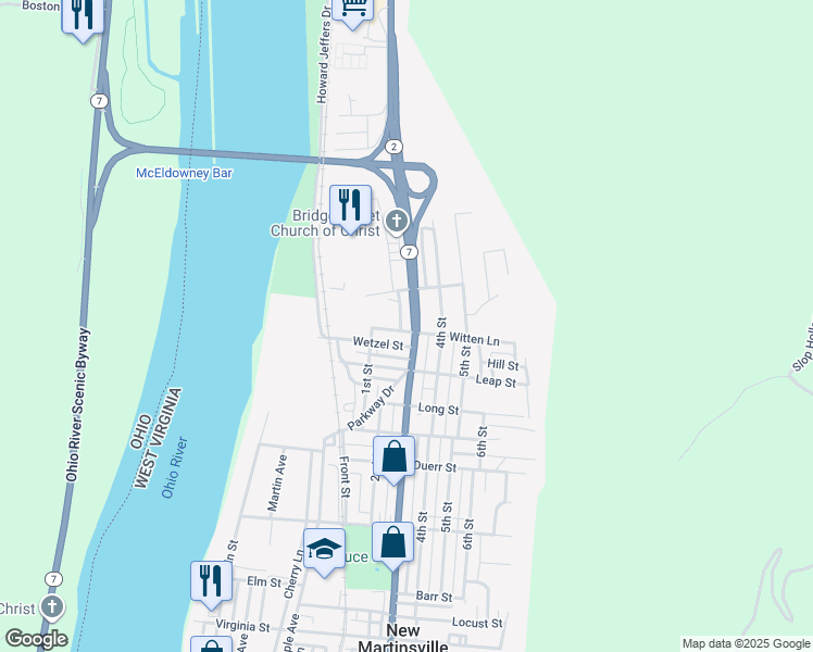 map of restaurants, bars, coffee shops, grocery stores, and more near 1000 3rd Street in New Martinsville