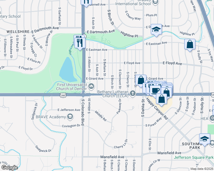 map of restaurants, bars, coffee shops, grocery stores, and more near 3444 South Bellaire Street in Denver