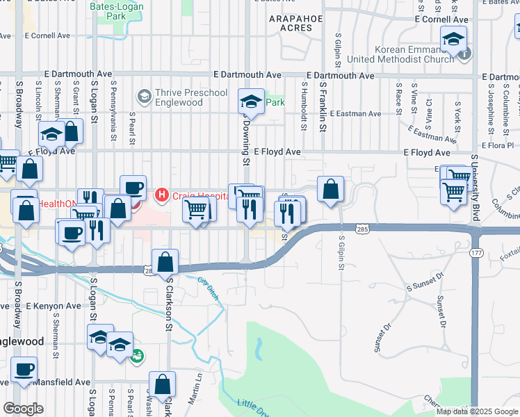 map of restaurants, bars, coffee shops, grocery stores, and more near 3455 South Marion Street in Englewood