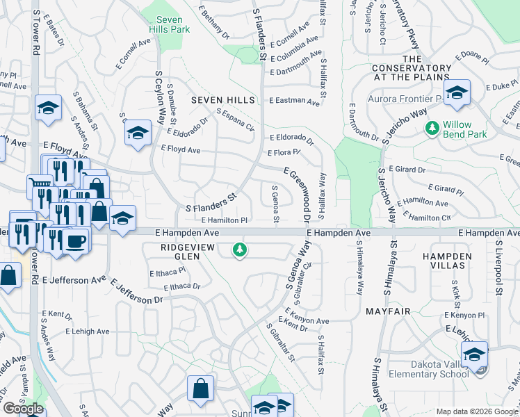 map of restaurants, bars, coffee shops, grocery stores, and more near 19716 East Girard Drive in Aurora