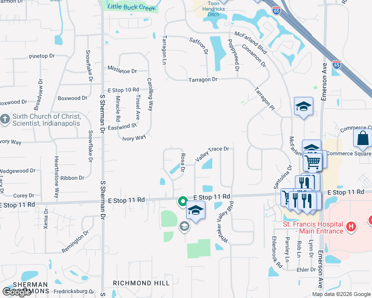 map of restaurants, bars, coffee shops, grocery stores, and more near 7785 Rosa Drive in Indianapolis