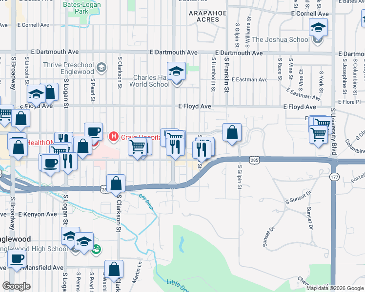 map of restaurants, bars, coffee shops, grocery stores, and more near 3455 South Marion Street in Englewood