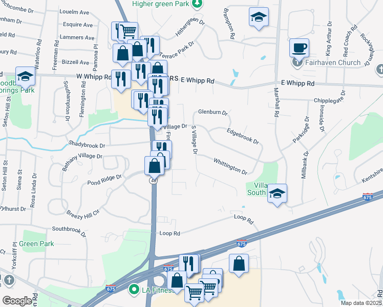 map of restaurants, bars, coffee shops, grocery stores, and more near 160 South Village Drive in Dayton