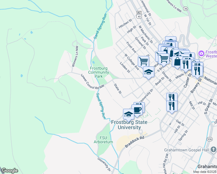 map of restaurants, bars, coffee shops, grocery stores, and more near 210 Lower Consol Road Northwest in Frostburg