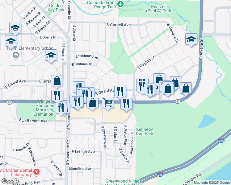 map of restaurants, bars, coffee shops, grocery stores, and more near 9450 East Girard Avenue in Denver