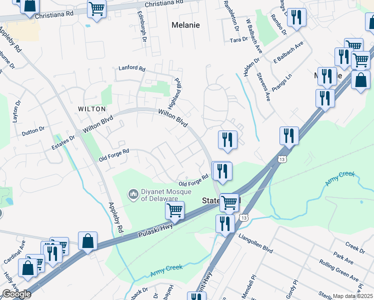 map of restaurants, bars, coffee shops, grocery stores, and more near 2 Pell Street in New Castle
