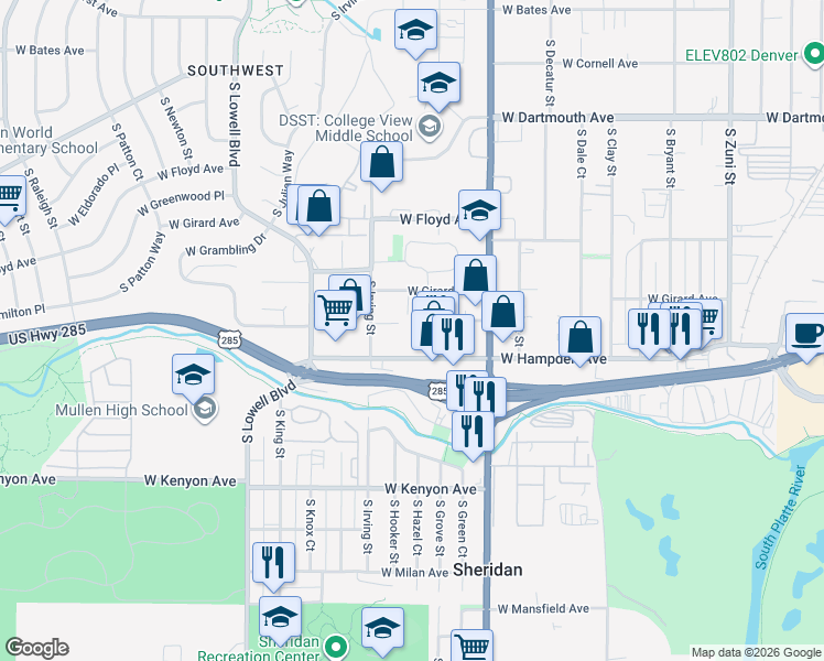 map of restaurants, bars, coffee shops, grocery stores, and more near 3245 West Hampden Avenue in Sheridan