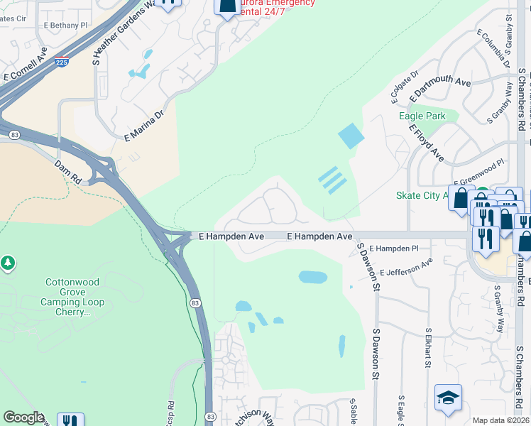 map of restaurants, bars, coffee shops, grocery stores, and more near 13893 East Hamilton Drive in Aurora