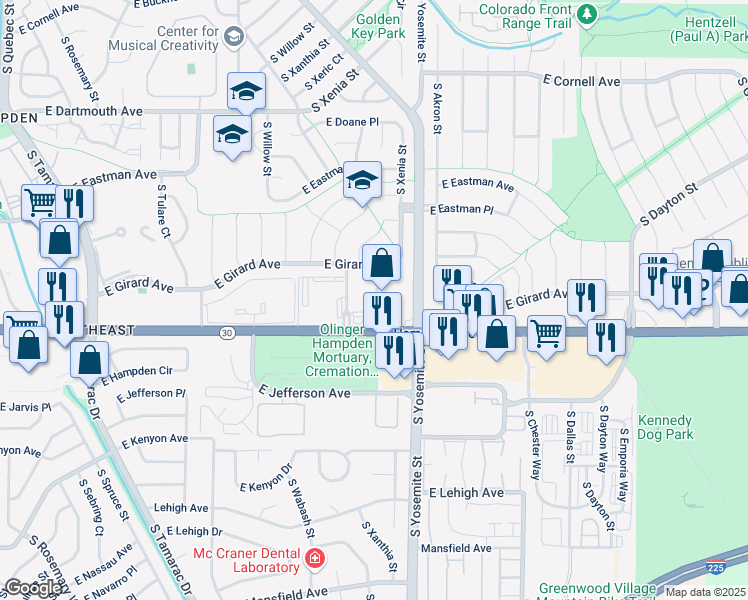 map of restaurants, bars, coffee shops, grocery stores, and more near 8811 East Hampden Avenue in Denver