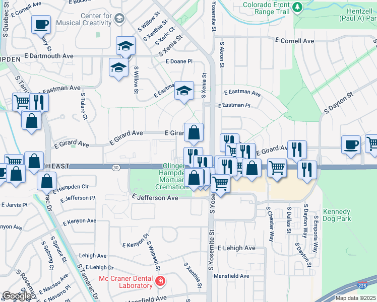 map of restaurants, bars, coffee shops, grocery stores, and more near 3464 South Willow Street in Denver