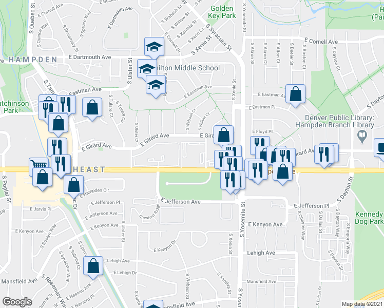 map of restaurants, bars, coffee shops, grocery stores, and more near 8525 East Hampden Avenue in Denver